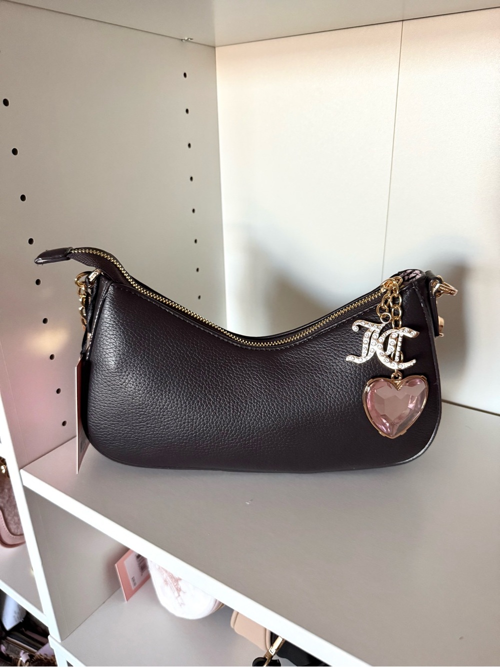 Juicy Couture “The Glam Juicy” Brown Shoulder Bag with Pink Heart Charm